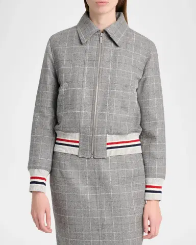 Thom Browne Windowpane Check Wool Zip Jacket With Stripe Trim | Thumbnail 4 Thom Browne Windowpane Check Wool Zip Jacket With Stripe Trim | Thumbnail 4