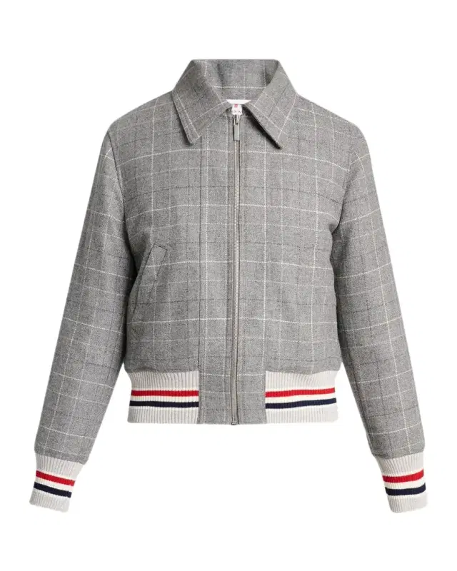 Thom Browne Windowpane Check Wool Zip Jacket With Stripe Trim