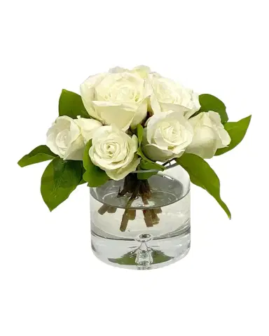 Winward Home White Rose 8" Faux Floral Arrangement in Glass Vase | Thumbnail 1