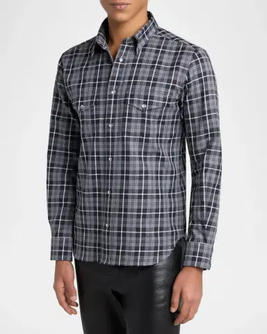 Tom Ford Men's Cotton and Cashmere Check Snap-Front Western Shirt | Thumbnail 4 Tom Ford Men's Cotton and Cashmere Check Snap-Front Western Shirt | Thumbnail 4