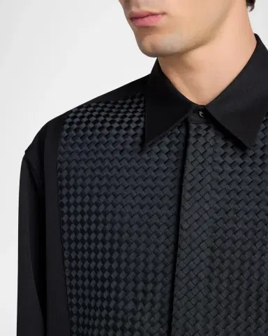 Bottega Veneta Men's Intrecciato-Bib Wool Grain De Poudre Dress Shirt | Thumbnail 4 Bottega Veneta Men's Intrecciato-Bib Wool Grain De Poudre Dress Shirt | Thumbnail 4