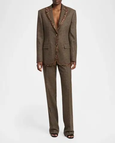 Etro Feather-Trim Houndstooth Wool Single-Breasted Jacket | Thumbnail 2 Etro Feather-Trim Houndstooth Wool Single-Breasted Jacket | Thumbnail 2