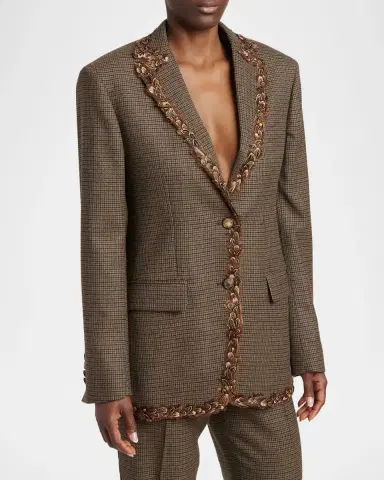 Etro Feather-Trim Houndstooth Wool Single-Breasted Jacket | Thumbnail 4 Etro Feather-Trim Houndstooth Wool Single-Breasted Jacket | Thumbnail 4