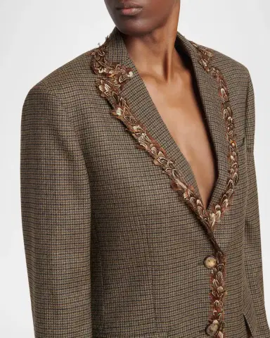 Etro Feather-Trim Houndstooth Wool Single-Breasted Jacket | Thumbnail 5 Etro Feather-Trim Houndstooth Wool Single-Breasted Jacket | Thumbnail 5
