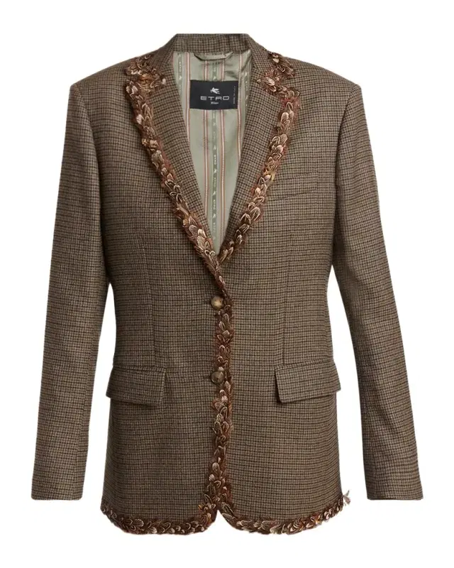 Etro Feather-Trim Houndstooth Wool Single-Breasted Jacket
