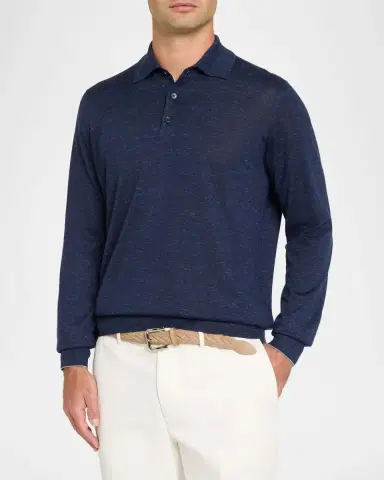 Brunello Cucinelli Men's Melange Cashmere-Blend Polo Sweater | Thumbnail 4 Brunello Cucinelli Men's Melange Cashmere-Blend Polo Sweater | Thumbnail 4