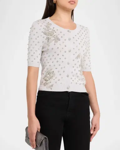 Oscar de la Renta Crystal Floral Embellished Short-Sleeve Cardigan | Thumbnail 4 Oscar de la Renta Crystal Floral Embellished Short-Sleeve Cardigan | Thumbnail 4