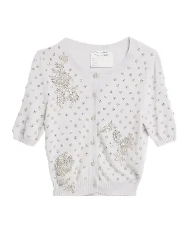 Oscar de la Renta Crystal Floral Embellished Short-Sleeve Cardigan | Thumbnail 1 Oscar de la Renta Crystal Floral Embellished Short-Sleeve Cardigan | Thumbnail 1