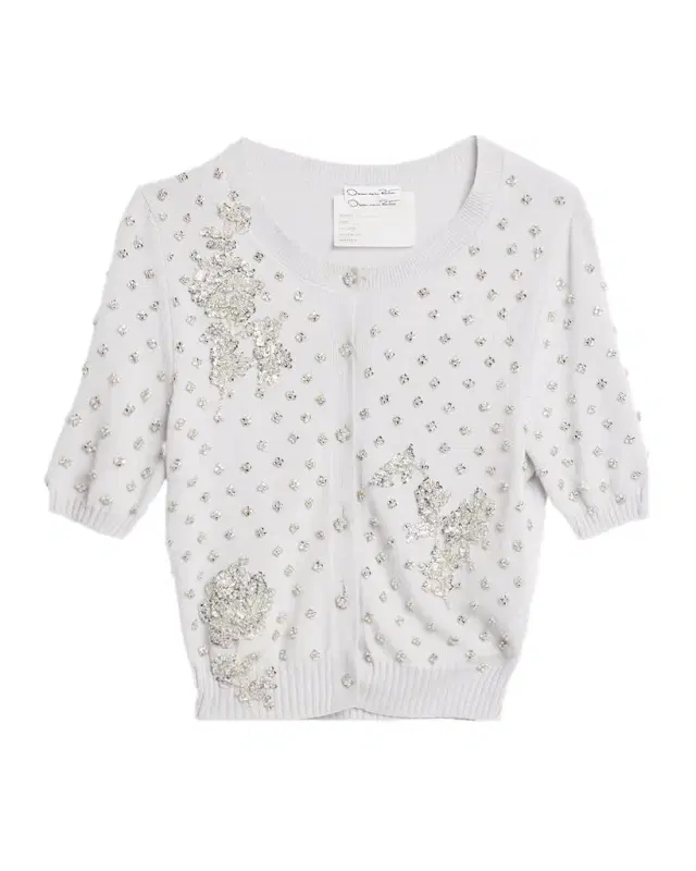 Oscar de la Renta Crystal Floral Embellished Short-Sleeve Cardigan