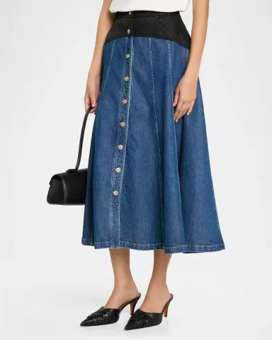 Cinq à Sept Quentin Mixed-Media Denim Midi Skirt | Thumbnail 4