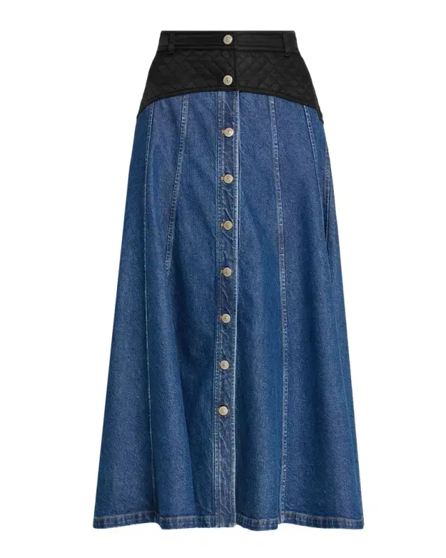 Quentin Mixed-Media Denim Midi Skirt