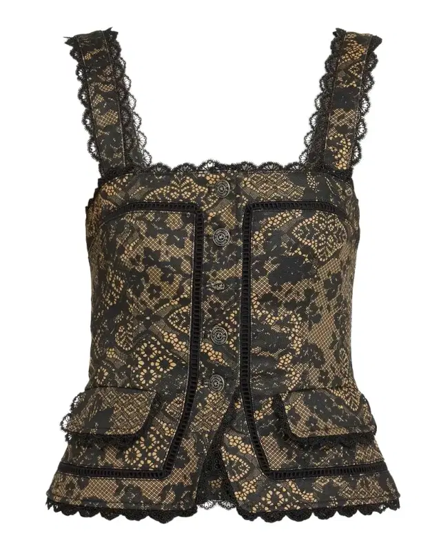 Cinq à Sept Myra Patchwork-Print Lace-Trim Top