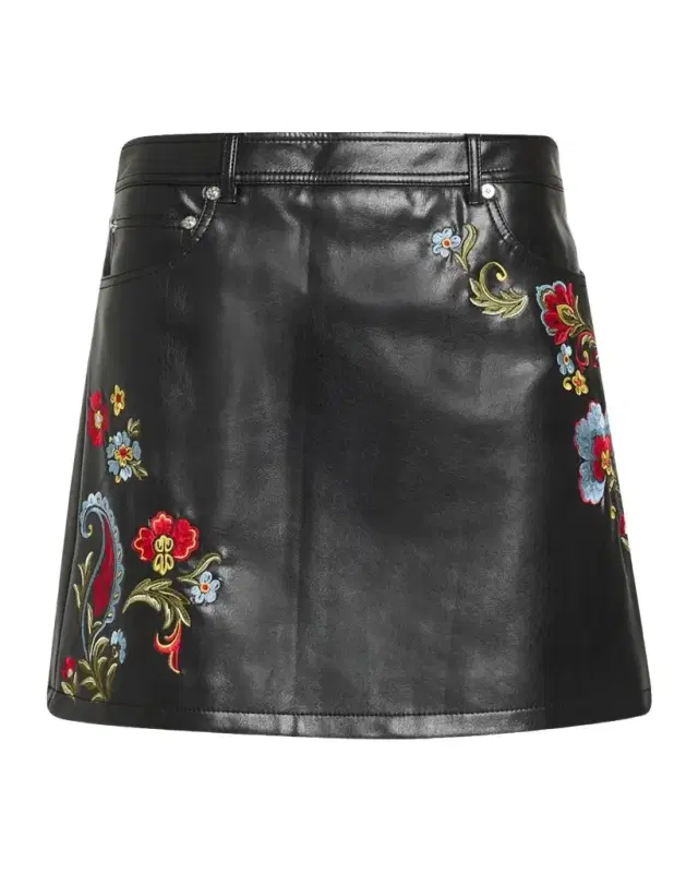 Keke Floral Embroidered Faux Leather Mini Skirt