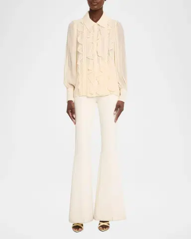 Ramy Brook Claire Ruffle Blouson-Sleeve Silk Blouse | Thumbnail 2