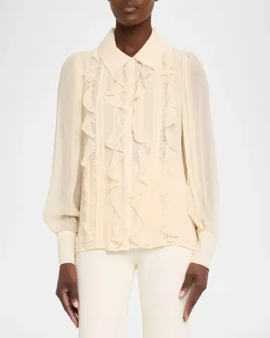 Ramy Brook Claire Ruffle Blouson-Sleeve Silk Blouse | Thumbnail 4