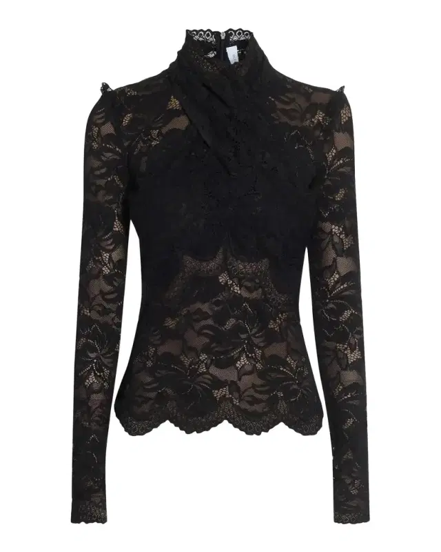 Rabanne Crisscross Mock-Neck Lace Long-Sleeve Top