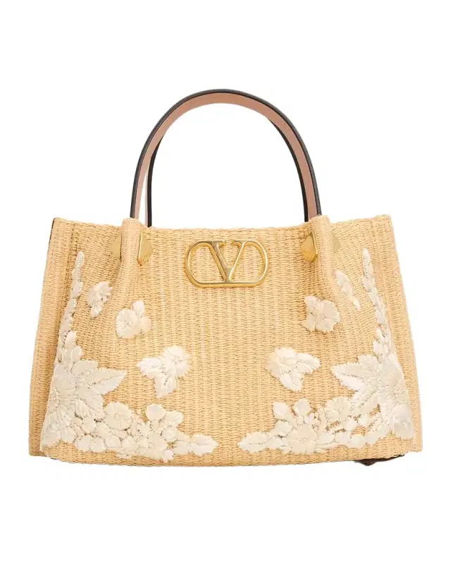 Valentino Garavani Small Floral-Embroidered Raffia Tote Bag