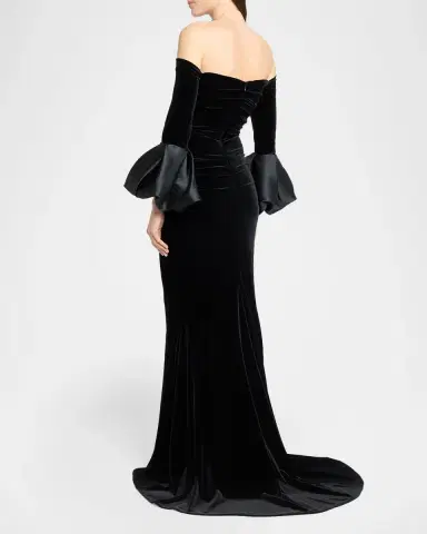 Talbot Runhof Ruffle Long-Sleeve Stretch Velvet Off-The-Shoulder Gown | Thumbnail 3 Talbot Runhof Ruffle Long-Sleeve Stretch Velvet Off-The-Shoulder Gown | Thumbnail 3