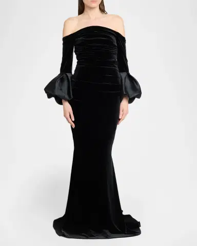 Talbot Runhof Ruffle Long-Sleeve Stretch Velvet Off-The-Shoulder Gown | Thumbnail 4 Talbot Runhof Ruffle Long-Sleeve Stretch Velvet Off-The-Shoulder Gown | Thumbnail 4