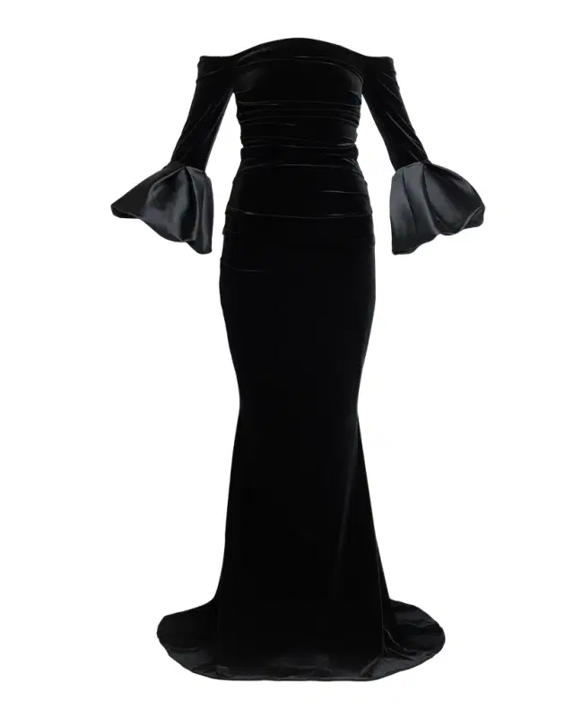 Ruffle Long-Sleeve Stretch Velvet Off-The-Shoulder Gown