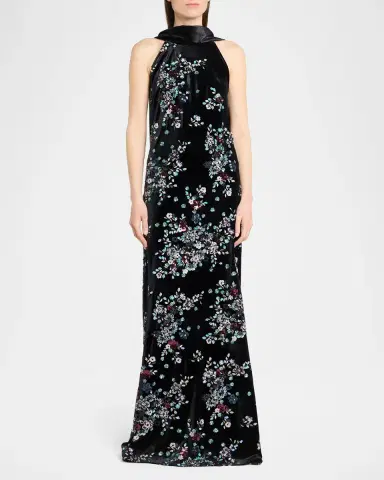 Talbot Runhof Sequin Bloom Velvet Neck-Scarf Halter Gown | Thumbnail 2