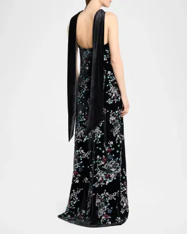 Talbot Runhof Sequin Bloom Velvet Neck-Scarf Halter Gown | Thumbnail 3