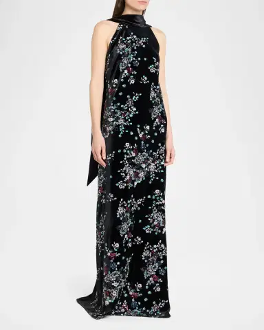 Talbot Runhof Sequin Bloom Velvet Neck-Scarf Halter Gown | Thumbnail 4