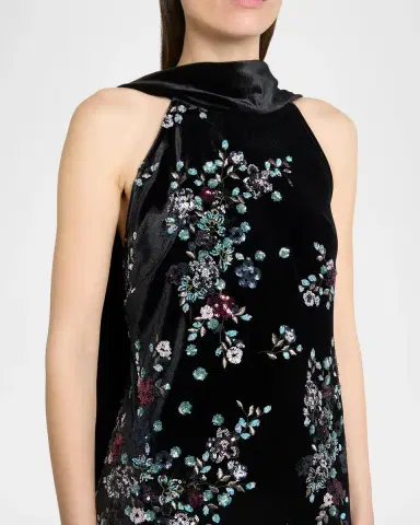 Talbot Runhof Sequin Bloom Velvet Neck-Scarf Halter Gown | Thumbnail 5