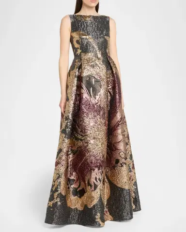 Talbot Runhof Metallic Magnolia Jacquard Pleated Ball Gown | Thumbnail 4 Talbot Runhof Metallic Magnolia Jacquard Pleated Ball Gown | Thumbnail 4