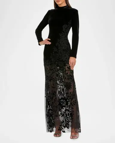 Mac Duggal Floral Mixed-Media Long-Sleeve Gown | Thumbnail 2 Mac Duggal Floral Mixed-Media Long-Sleeve Gown | Thumbnail 2