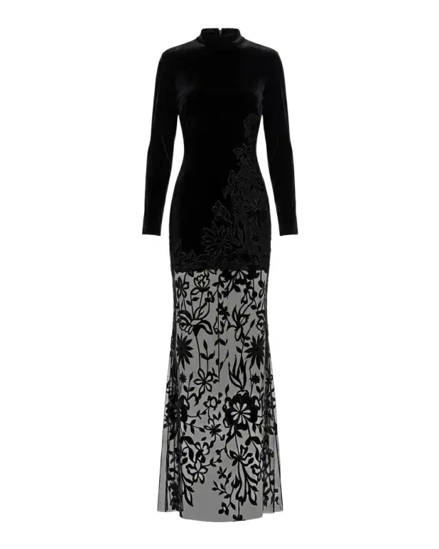 Floral Mixed-Media Long-Sleeve Gown