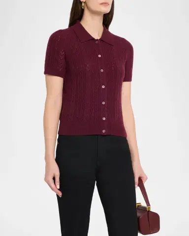 Neiman Marcus Pointelle-Knit Cashmere Polo | Thumbnail 4
