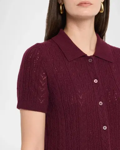 Neiman Marcus Pointelle-Knit Cashmere Polo | Thumbnail 5