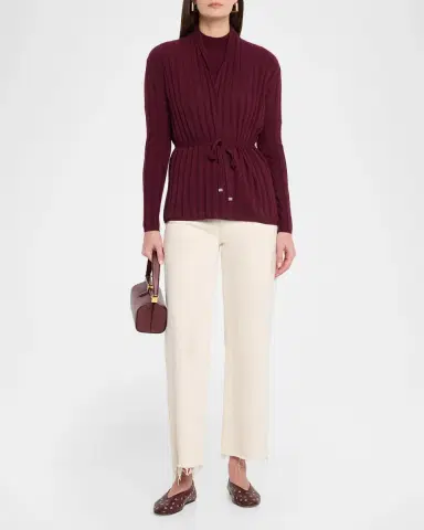 Neiman Marcus Cashmere Ribbed Wrap-Front Cardigan | Thumbnail 2