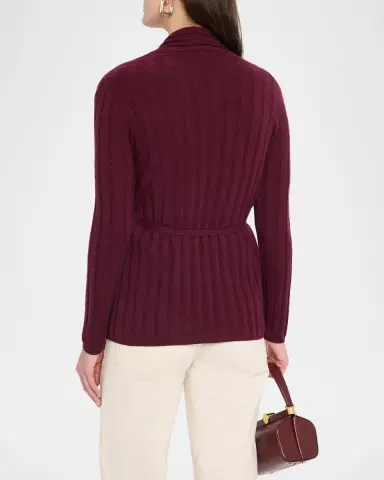 Neiman Marcus Cashmere Ribbed Wrap-Front Cardigan | Thumbnail 3