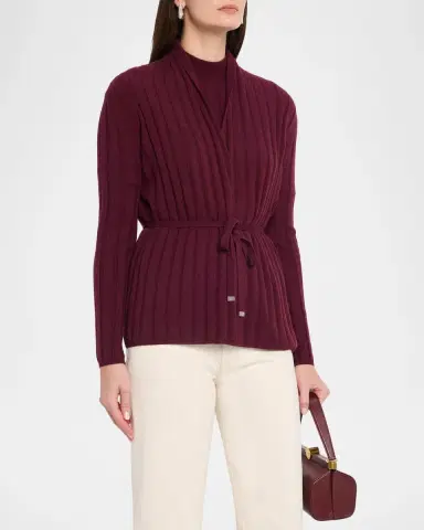 Neiman Marcus Cashmere Ribbed Wrap-Front Cardigan | Thumbnail 4