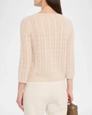 Neiman Marcus Pointelle Crewneck Cashmere Sweater | Thumbnail 3