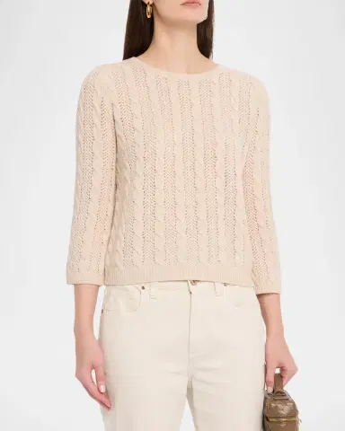 Neiman Marcus Pointelle Crewneck Cashmere Sweater | Thumbnail 4