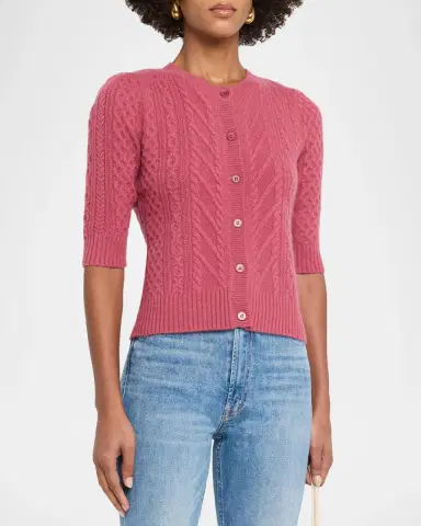 Neiman Marcus Cashmere Crewneck Cable-Knit Cardigan | Thumbnail 3