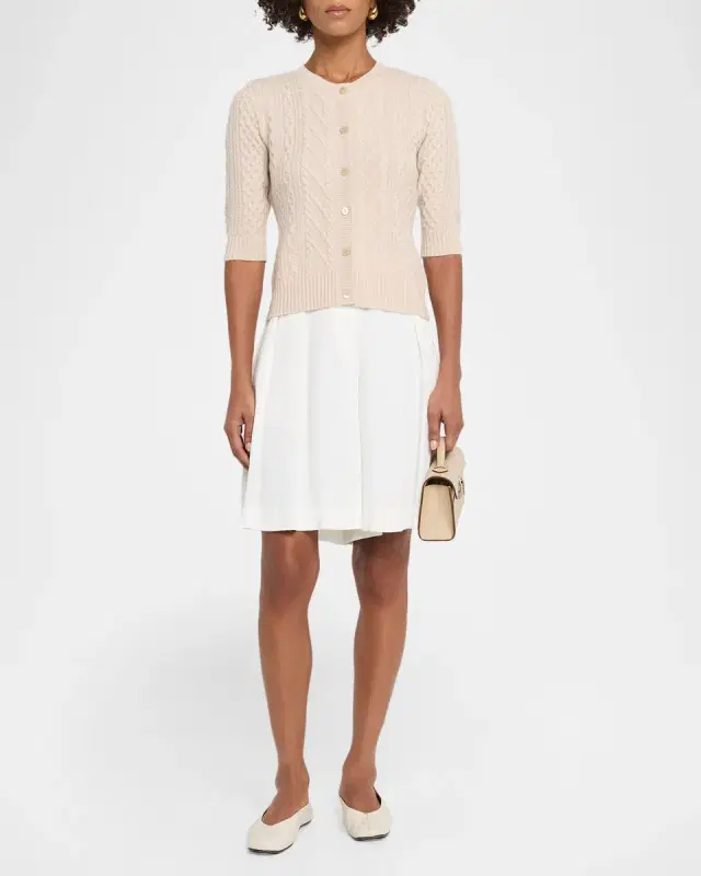 Neiman Marcus Cashmere Crewneck Cable-Knit Cardigan