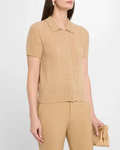 Neiman Marcus Pointelle-Knit Cashmere Polo | Thumbnail 4