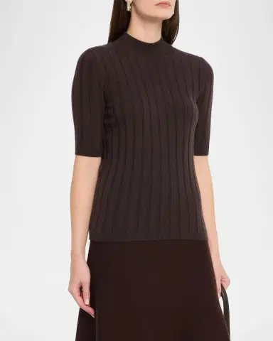 Neiman Marcus Ribbed Cashmere Elbow-Sleeve Sweater | Thumbnail 4 Neiman Marcus Ribbed Cashmere Elbow-Sleeve Sweater | Thumbnail 4