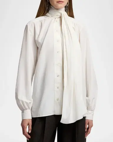 Ralph Lauren Collection Dara Tie-Neck Poplin Blouse | Thumbnail 4