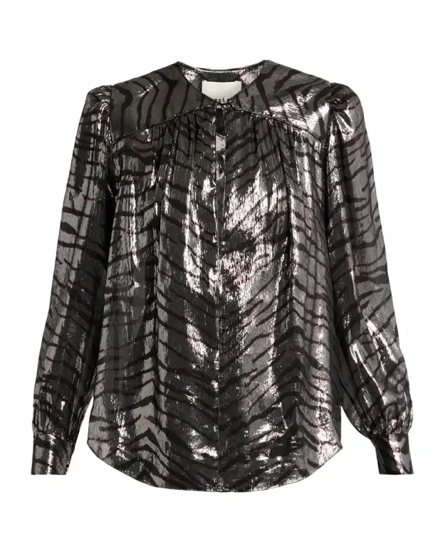 Isabel Marant Farali Metallic Tiger-Print Silk Gathered Blouse