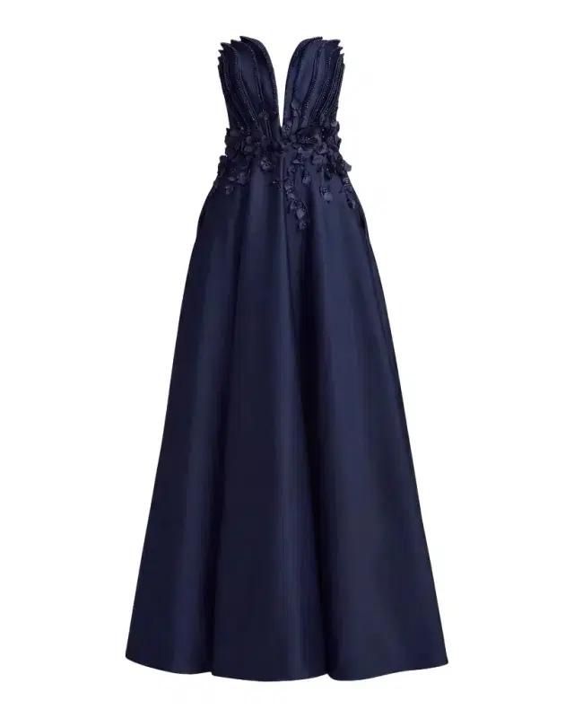 Mac Duggal Beaded Floral Charmeuse Gown