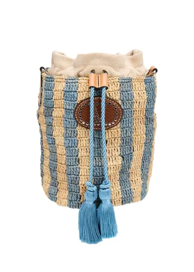 Valentino Garavani Small Striped Viscose Raffia Bucket Bag