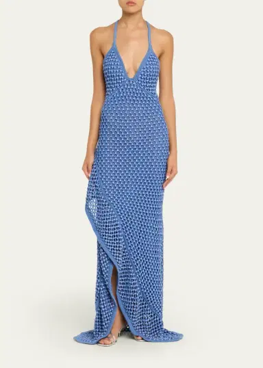 Diotima Riki Crystal Crochet Knit Halter Maxi Dress | Thumbnail 2