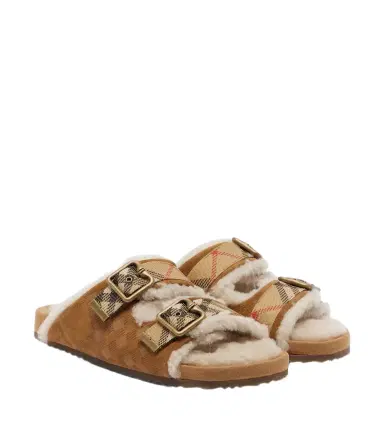 Burberry Check shearling-lined suede sandals | Thumbnail 1