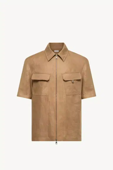 Moncler Linen Twill Short Sleeve Zip-up Shirt | Thumbnail 2 Moncler Linen Twill Short Sleeve Zip-up Shirt | Thumbnail 2