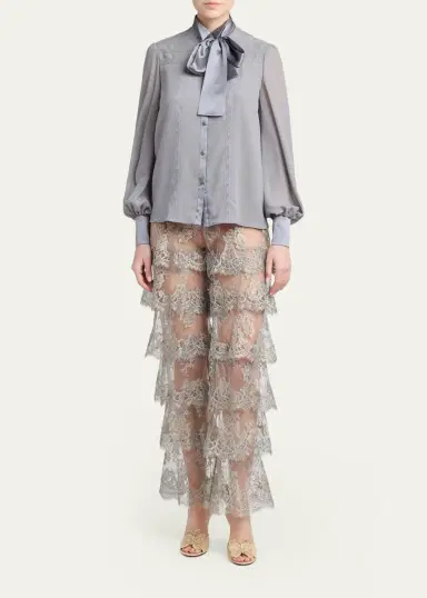 Valentino Garavani Pussy-Bow Collar Silk-Blend Lace Shirt | Thumbnail 2